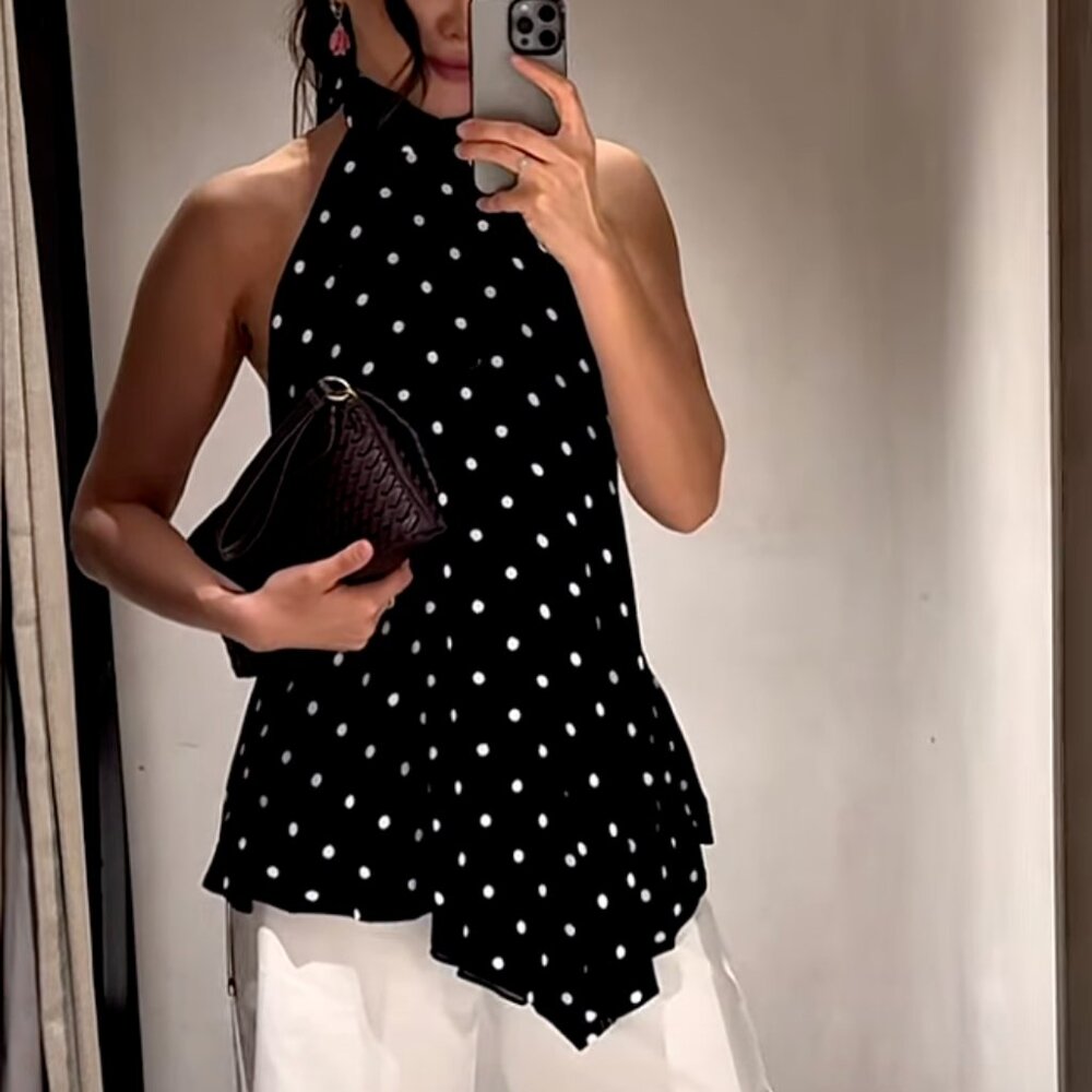 Zara Black Halter Polka Dot Top with White Spots